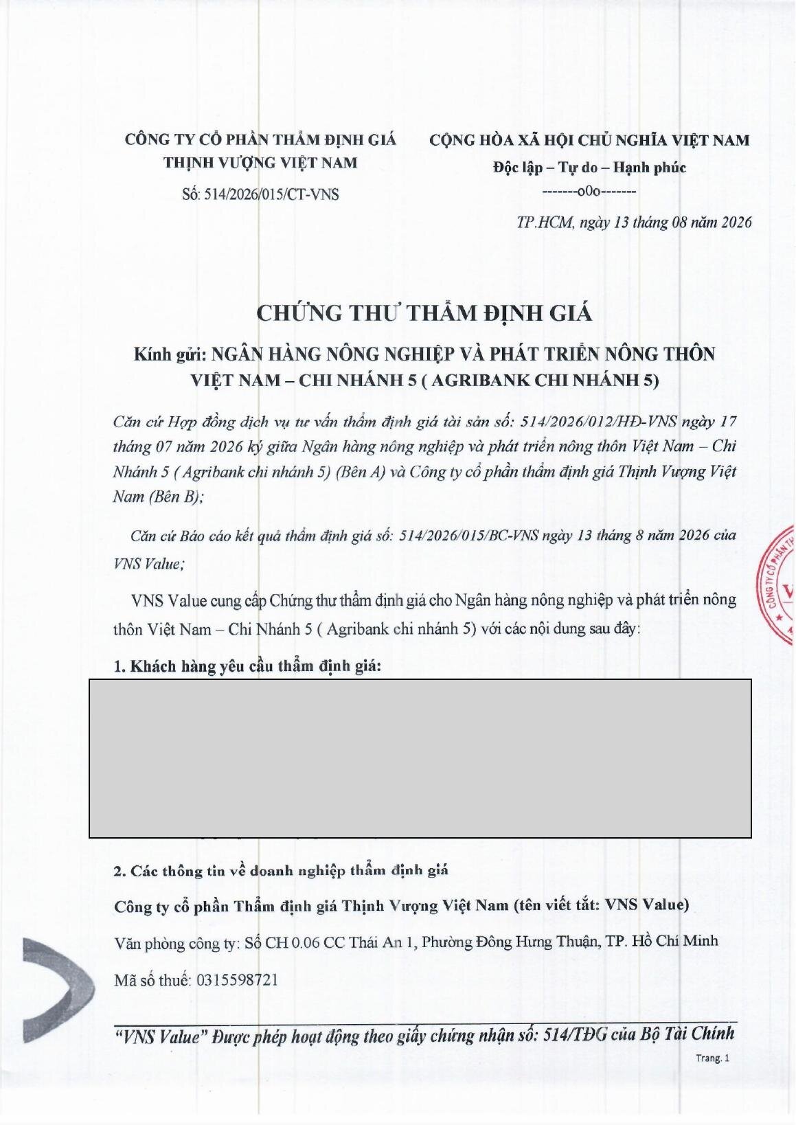 Chứng thư thẩm định giá - trang 1